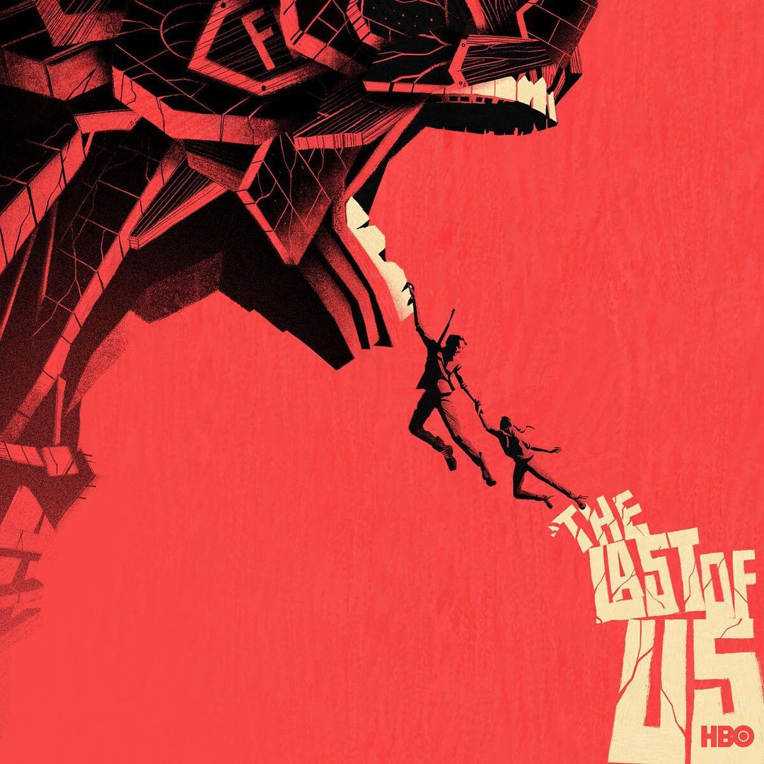 Illustration of 'The Last of Us' features two people hanging from a large creature's mouth, set against a vivid red backdrop. HBO logo.