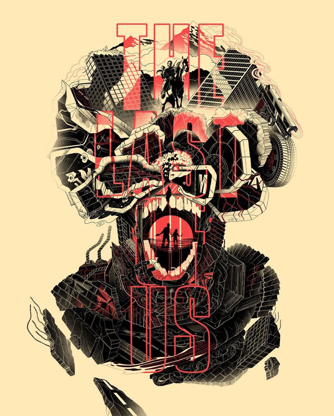 Illustration for The Last Of Us features a monster-like head with building debris, people silhouetted in its mouth, and game title text.