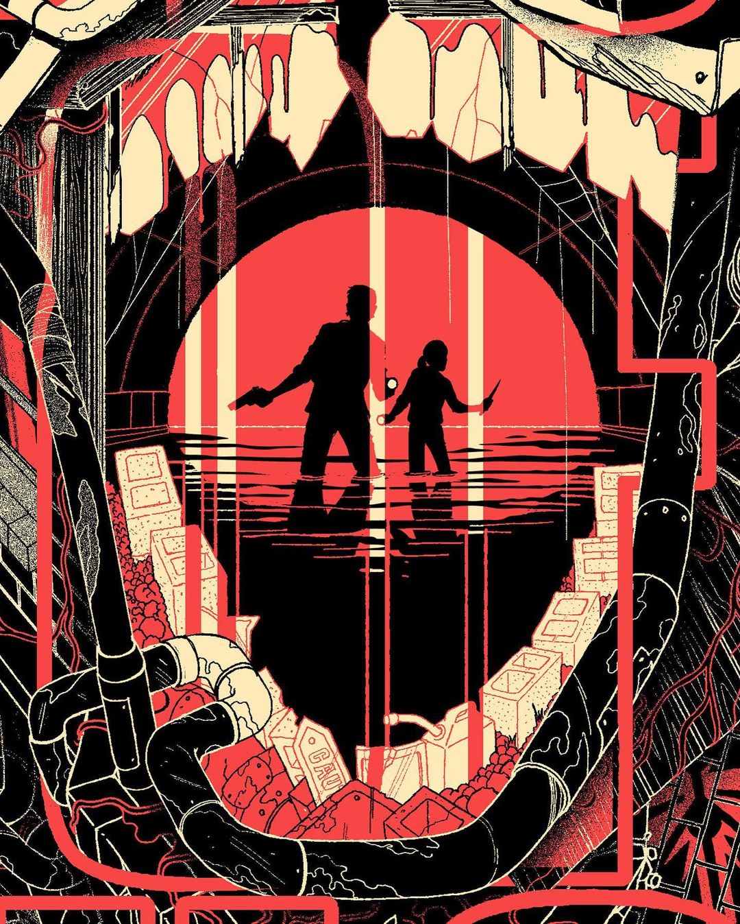 Illustration features two silhouetted figures in waist-deep water, set against a red sun, framed by an open mouth with stylized teeth.