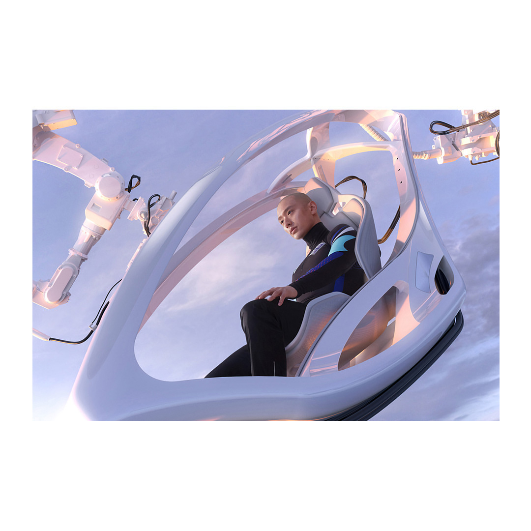 Adult male inside futuristic vehicle under daytime sky, digital illustration with artificial intelligence enhancement, art concept.