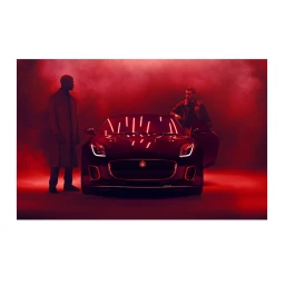 Two men posing next to a dark sports car under dramatic red lighting and smoke by photographer Pascal Schonlau.