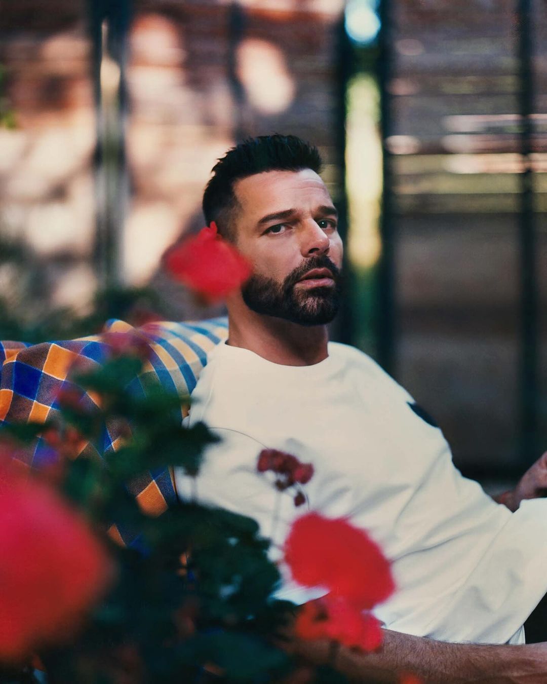 Portrait of Ricky Martin in a white top sitting in a chair with a plaid blanket and plants with red flowers in the foreground.
