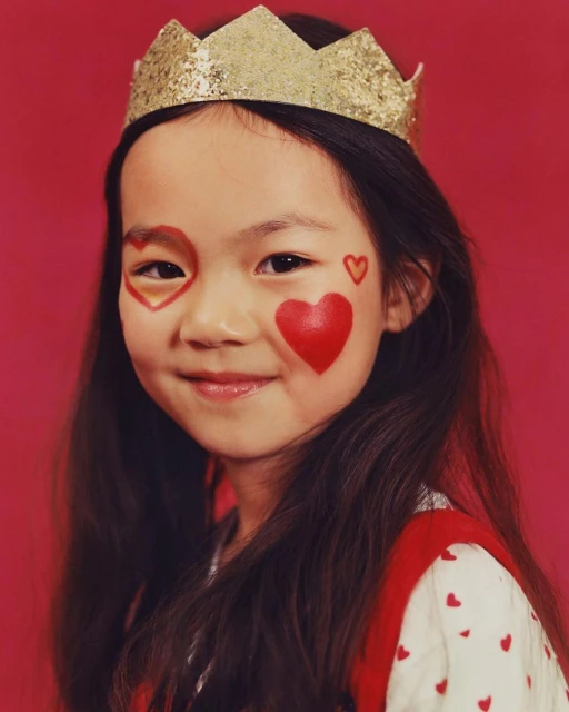 Adorable Asian child with painted heart makeup, wearing a gold crown, posing against a vibrant red backdrop, radiating youthful charm.