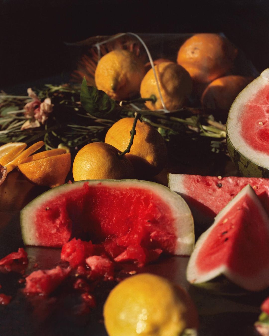 Vibrant still life featuring sliced watermelon, whole lemons, and oranges arranged with scattered blossoms in a naturally lit setting.