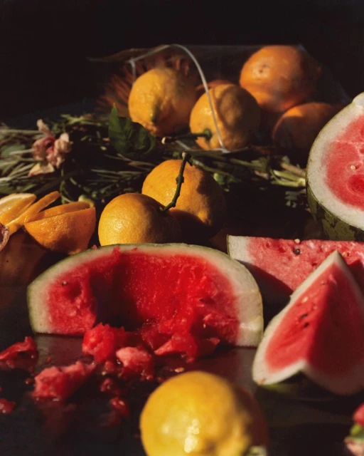 Vibrant still life featuring sliced watermelon, whole lemons, and oranges arranged with scattered blossoms in a naturally lit setting.
