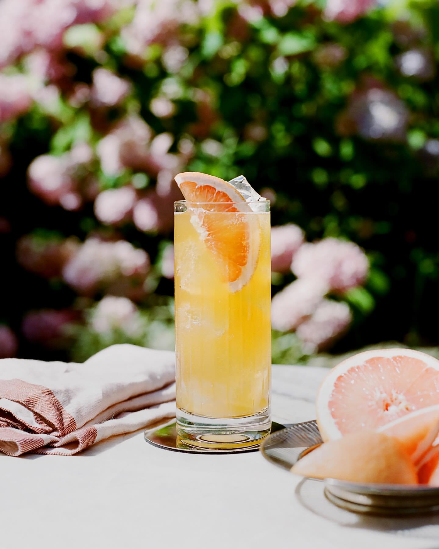 Refreshing grapefruit cocktail with ice cubes, served in a tall glass with a slice of grapefruit, set outdoors with a leafy background.