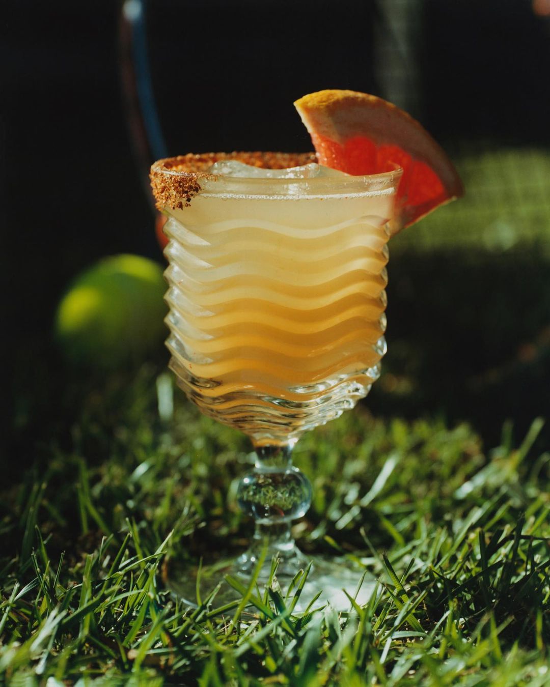 A cocktail in a decorative glass sits on green grass, garnished with a grapefruit slice and a brown rim, lit with natural sunlight.