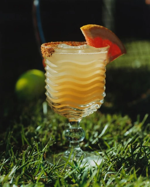 A cocktail in a decorative glass sits on green grass, garnished with a grapefruit slice and a brown rim, lit with natural sunlight.