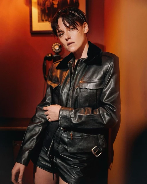 Portrait of an adult woman in a black leather jacket and skirt in an indoor setting with warm lighting, against a red and brown wall.