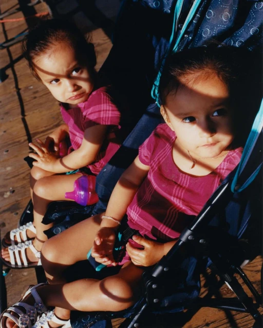Two young girls sit in a blue stroller on a wooden boardwalk, wearing pink plaid shirts and white sandals in an eye-level shot.