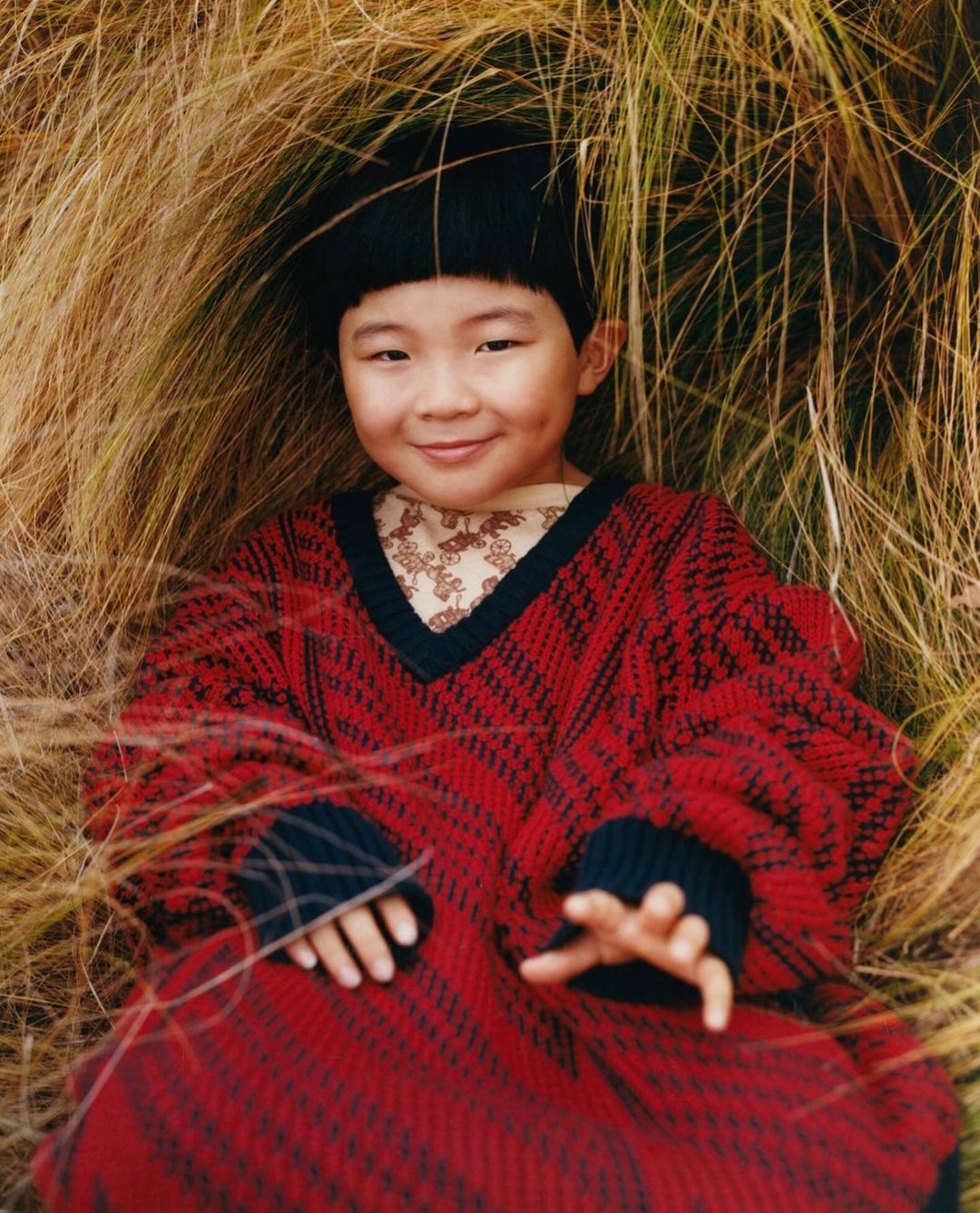 Child with dark hair wearing a red sweater sitting in tall, dry grass, smiling, and looking at the camera in an eye-level shot.