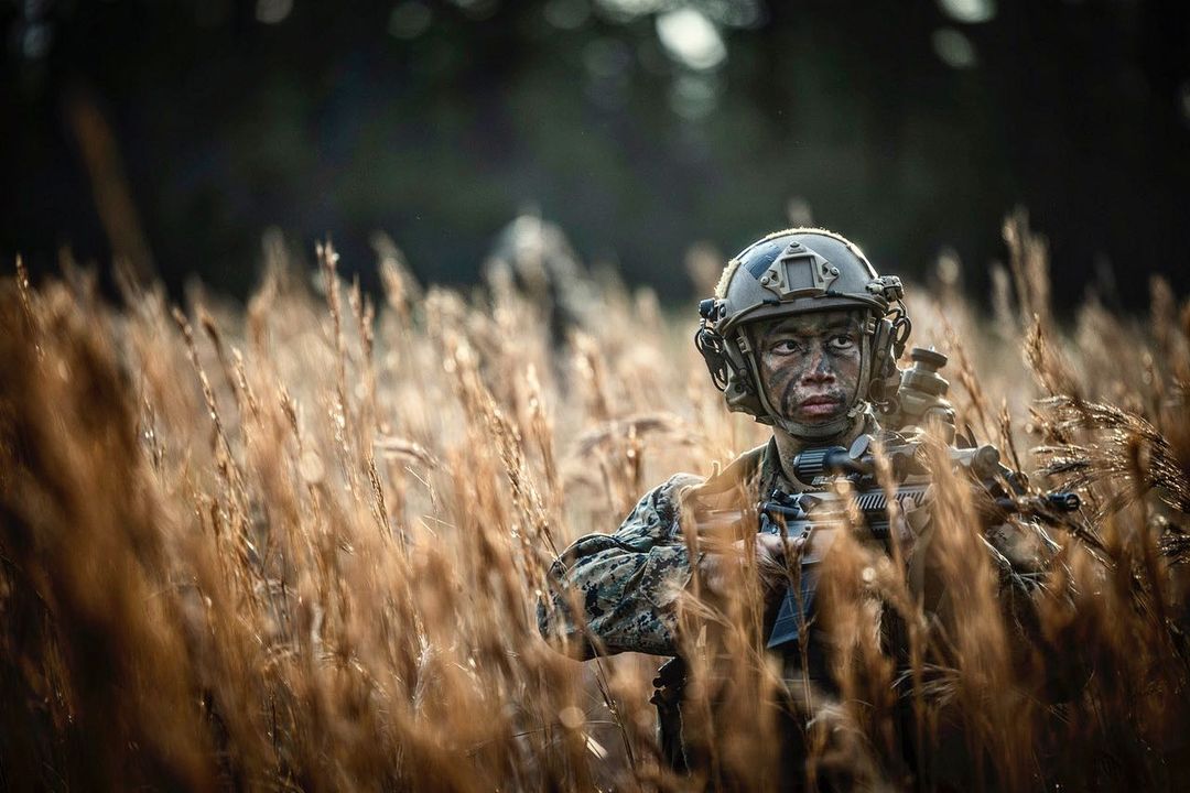 Soldier in military gear with face camouflage in a field of tall grass looking alert, armed with a rifle in an outdoor setting.