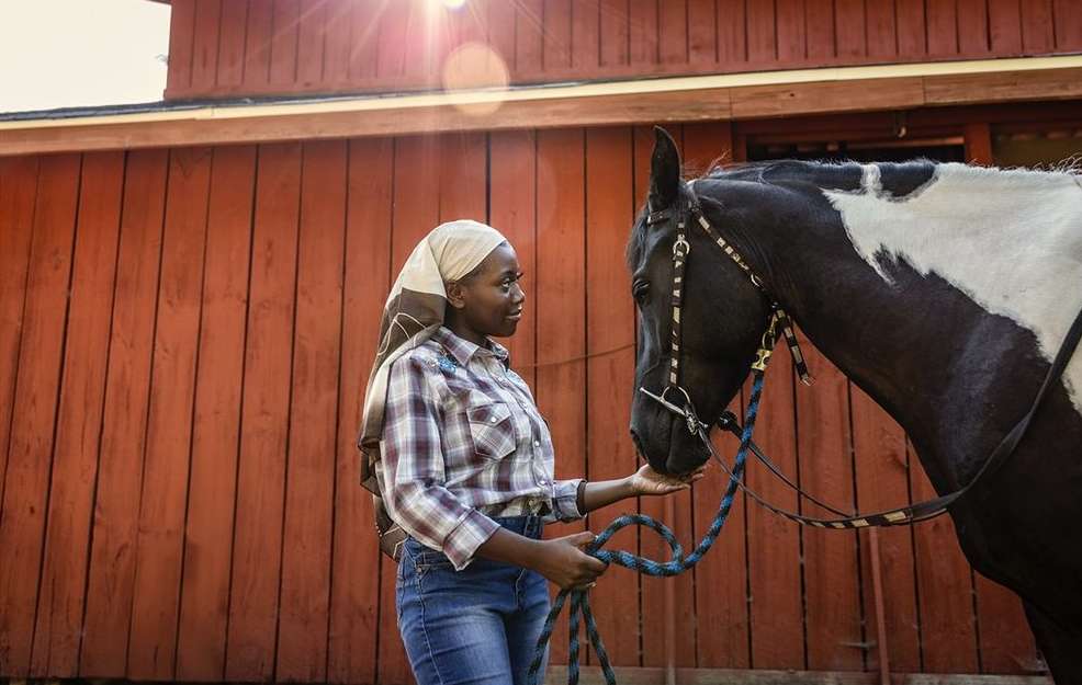 Woman in plaid shirt petting a black-and-white horse in front of a red barn on a sunny day, holding its blue rope.