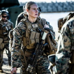 Female soldier in camouflage uniform wearing a tactical vest and carrying a rifle outdoors