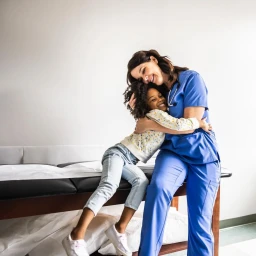 Female nurse in blue scrubs hugging a young girl sitting on an examination table in a medical clinic.