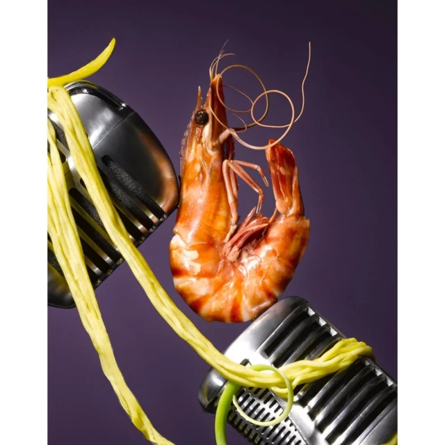 A stylized food still-life composition featuring a large shrimp between two vintage microphones, with strands of light-green linguine.