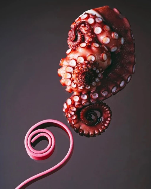 Macro food photography of a cooked octopus with curling pink accent on a gray background. Culinary still life with seafood.