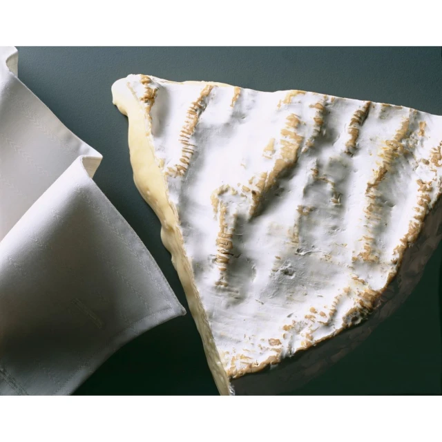 Close-up of a wedge of white mold cheese next to a white folded cloth, set against a dark green background, indoor studio food photography.