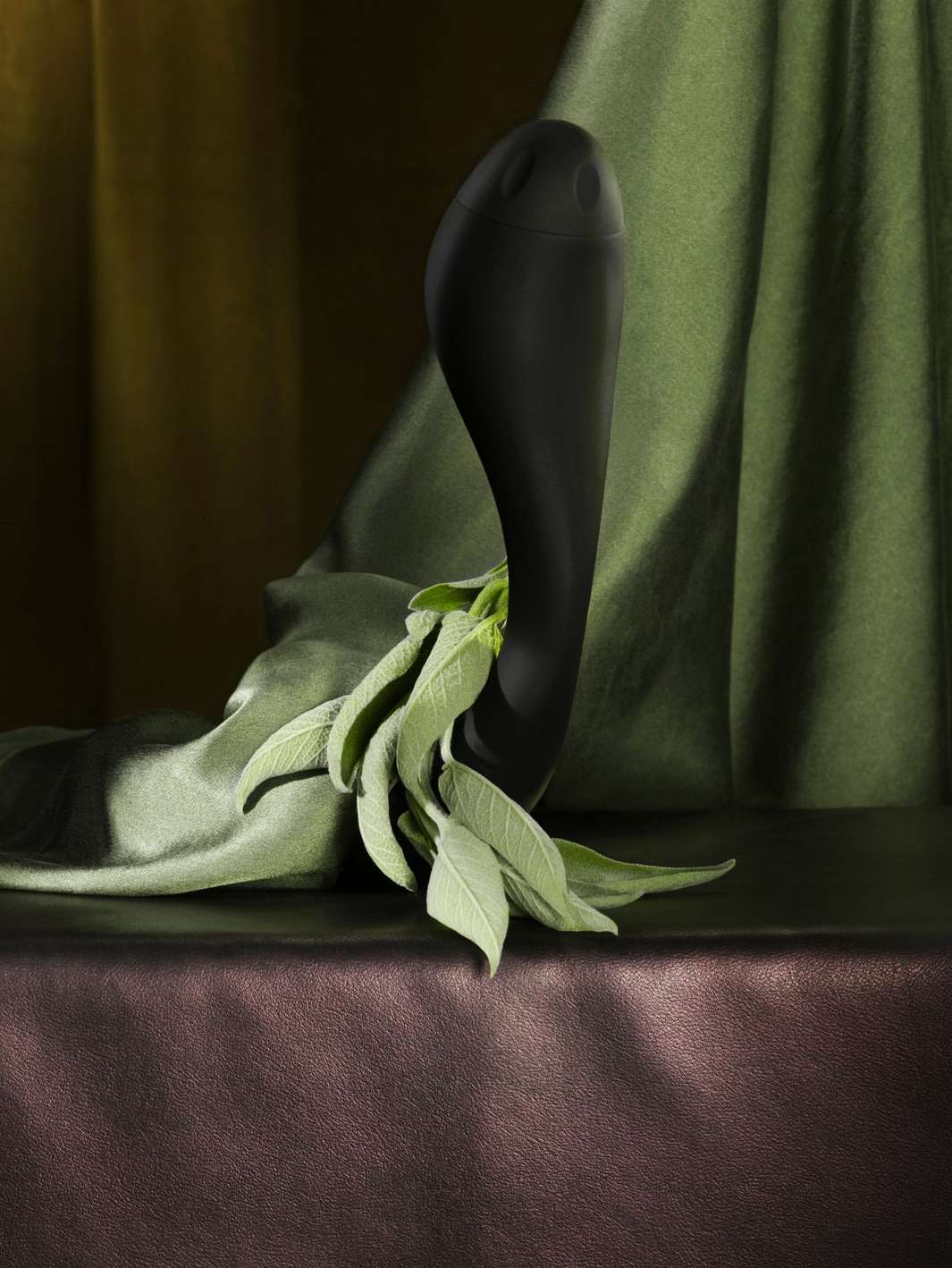 Still life photograph of a black object surrounded by green leaves on a dark table, against a green and yellow draped fabric background.