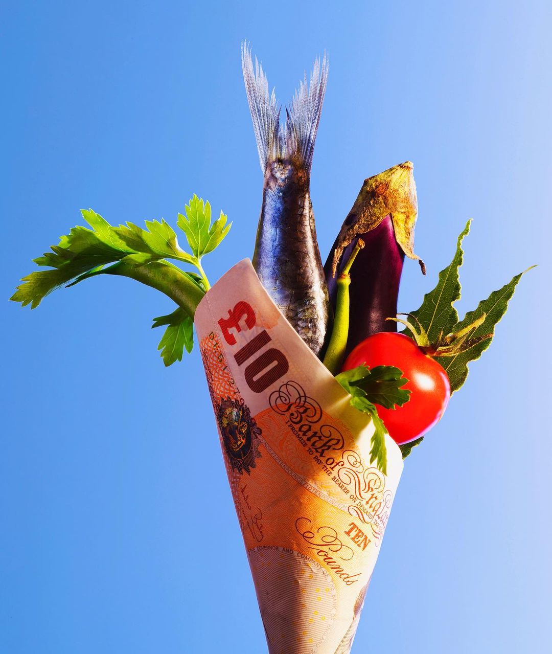 Still life of a sardine, eggplant, tomato, hot pepper, celery, and bay leaves arranged in a paper cone made from a 10 pound note.