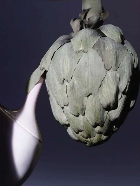 Close-up still life of a fresh artichoke leaning against a pale pitcher with a dark purple background, studio lighting.