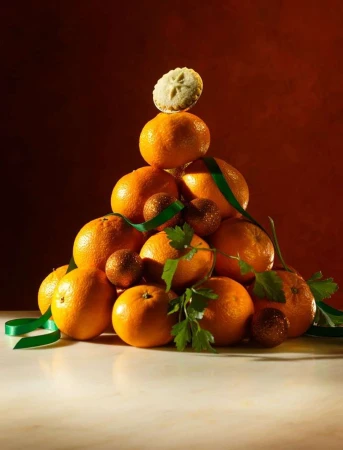 A festive still life features a pyramid of oranges decorated with green ribbons, sparkling balls, and a shortbread cookie on top.