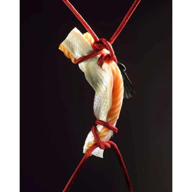 A creative food shot of salmon and white fish wrapped in red decorative ropes against a dark studio background, presented vertically.