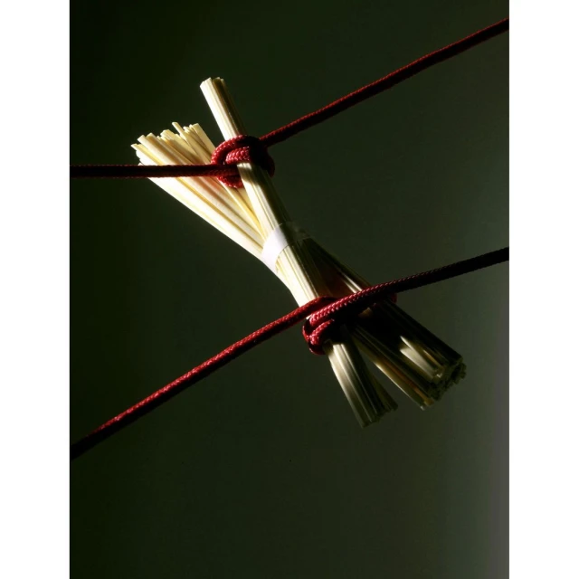 Close-up of tied, bundled spaghetti with red twine and light shadows over the bunch against a dark, graduated background.