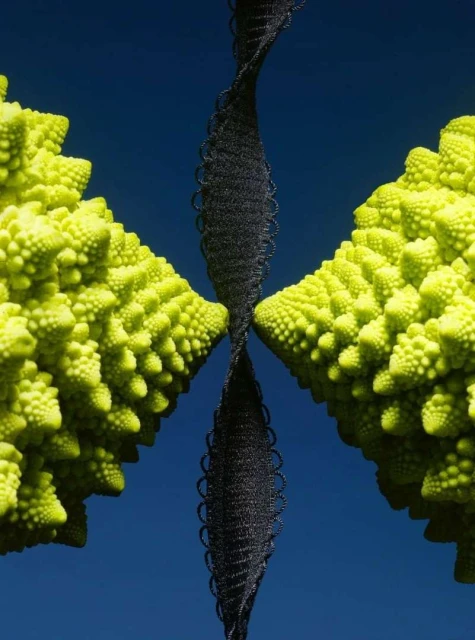 Abstract close-up of green romanesco broccoli florets symmetrically framing a black spiral against a deep blue background.