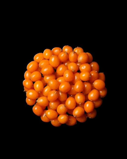 A cluster of vibrant orange sea buckthorn berries is tightly packed against a stark black backdrop, creating a visually striking contrast.