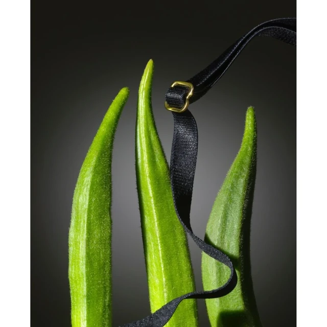 Close-up studio shot of three okra vegetables standing upright with a black strap looped around them against a dark gradient background.