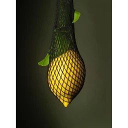 Vibrant yellow lemon inside a black mesh produce bag with green leaves against a dark moody gradient background