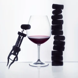 Wine glass filled with red wine flanked by a standing corkscrew and a vertical stack of corks on a white reflective surface.