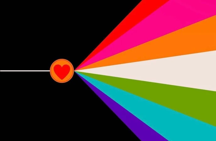 Abstract graphic design with rainbow-colored rays emanating from a red heart on a black background, evoking themes of love and diversity.
