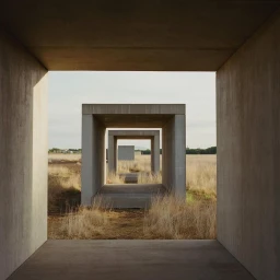 Symmetrical architectural view looking through a series of concrete rectangular frames into a dry grass field in Chicago by Patrick Fraser