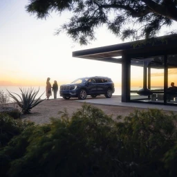 Blue SUV parked outside a modern glass house at sunset with two women standing nearby and another person seated inside