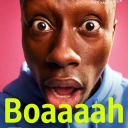 Close-up portrait of a Black man with wide eyes and open mouth in a blue hoodie against a pink background