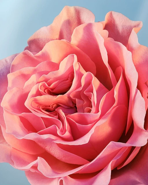 Close-up studio shot of a vibrant pink rose in full bloom, showcasing its intricate petal structure against a soft, light blue background.