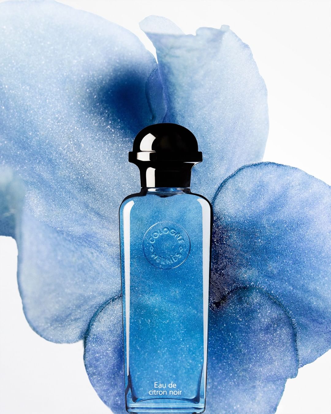 Elegant product shot of Hermès Eau de Citron Noir cologne bottle with black cap against a dreamy blue floral backdrop.