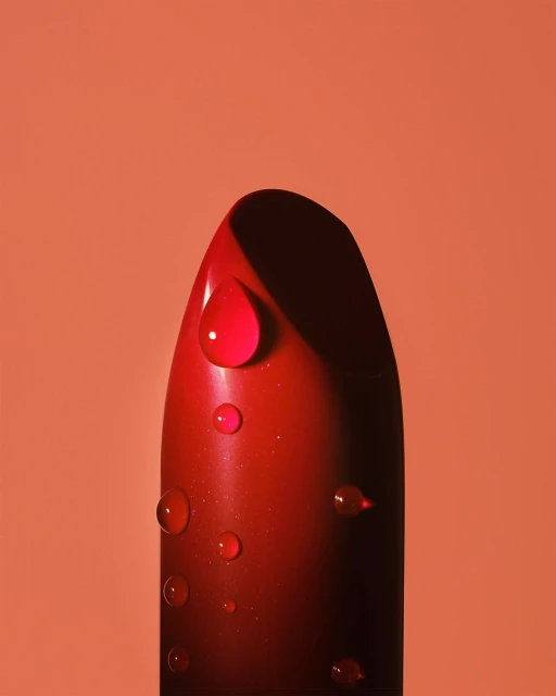 Close-up of red lipstick with water droplets against a coral-colored background, emphasizing beauty and cosmetic product photography.