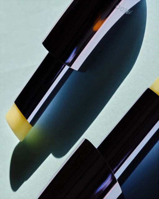 Overhead close-up of black and white lip balms against a light teal background, creating sharp shadows with a beauty product focus.