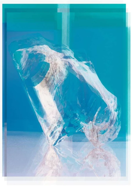 Abstract photographic rendering of a semi-transparent sculptural form against a dual-tone blue backdrop, with reflections creating a surreal ambiance.
