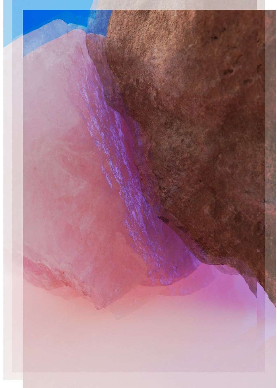 Abstract art featuring brown and pink rock-like formations with a gradient background and transparent framing.