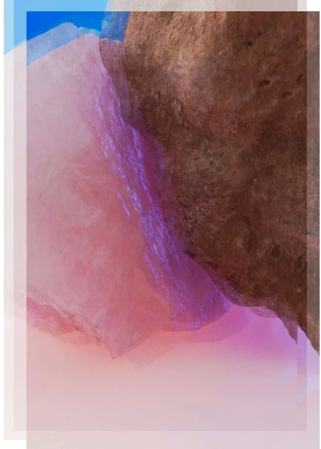 Abstract art featuring brown and pink rock-like formations with a gradient background and transparent framing.