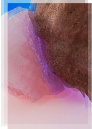 Abstract art featuring brown and pink rock-like formations with a gradient background and transparent framing.