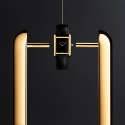 A gold Cartier watch with a black dial and leather strap suspended vertically between two polished gold cylindrical structures against a dark grey background.