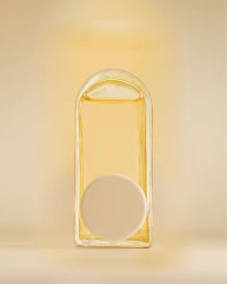 Vertical product photography of a glass perfume bottle with a round beige cap against a warm beige background.