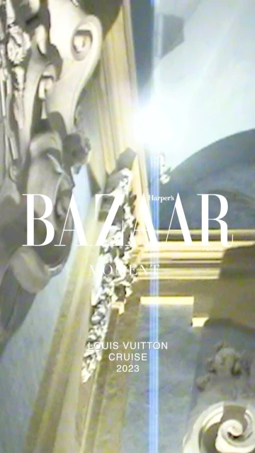 Harper's Bazaar magazine cover featuring Louis Vuitton Cruise 2023, showcasing ornate architectural details and diffused lighting.