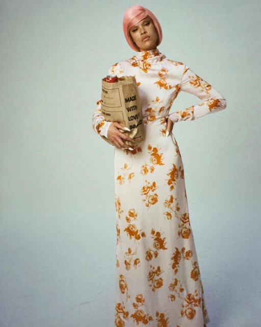 Full-length shot of a woman in a floral dress and pink wig holding a brown paper bag, posing against a pale blue background.
