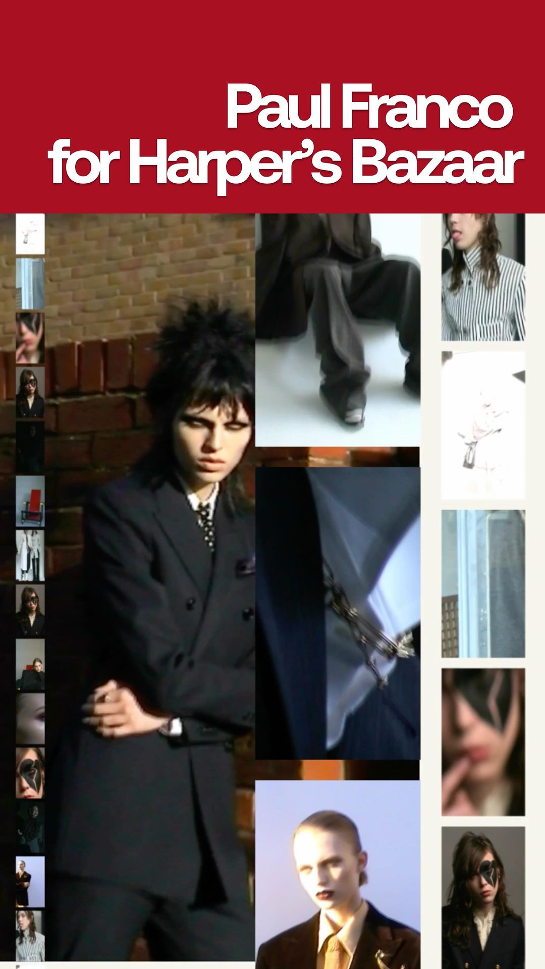 Fashion editorial featuring a female model in a dark blazer, shot indoors with a collage effect, showcasing various poses and angles.
